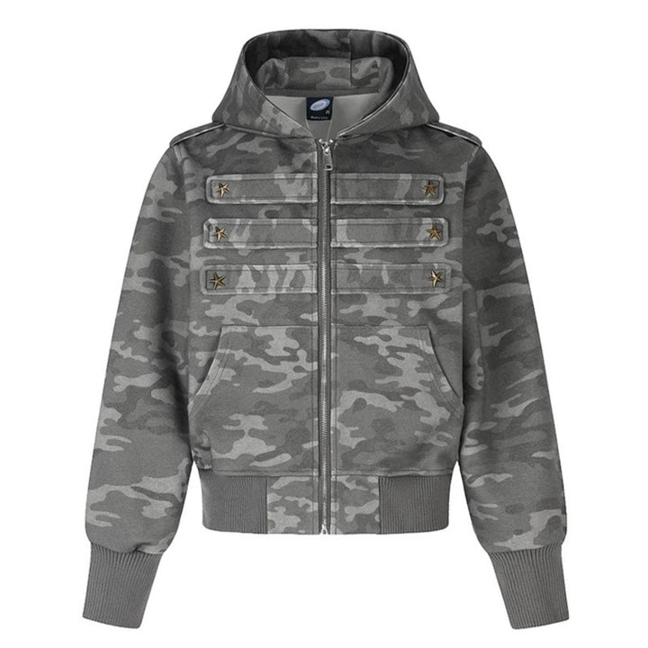Damen Kurz geschnittene Kapuzen-Sweatjacke im Military-Camo mit dekorativen Stern‑Strapdetails Drune