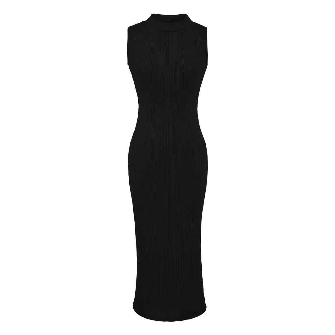 Damen Midikleid in Rippstrick, ärmelloses Slim‑Fit mit Stehkragen Drune