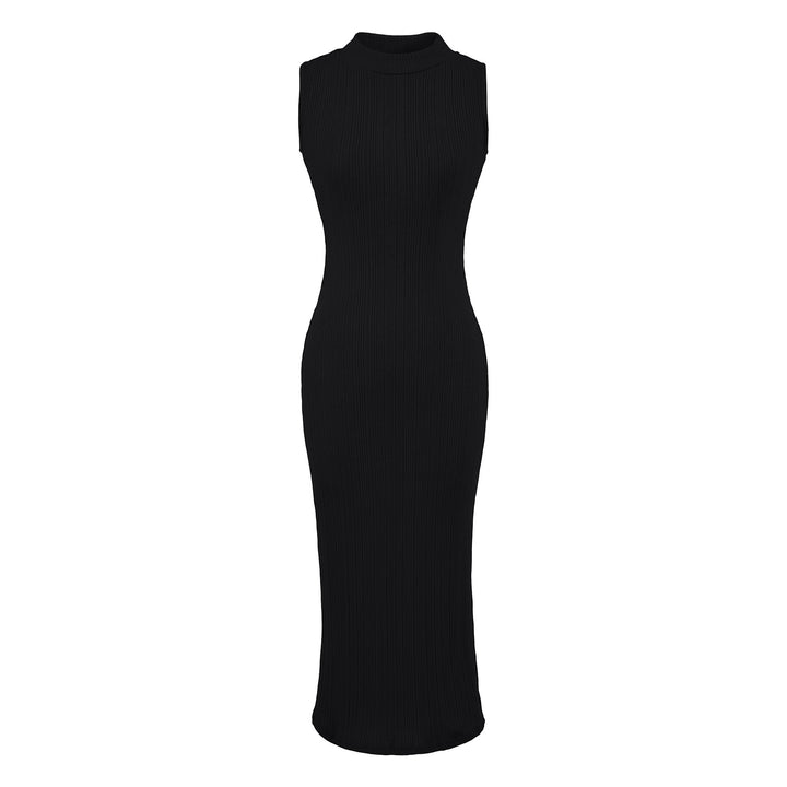 Damen Midikleid in Rippstrick, ärmelloses Slim‑Fit mit Stehkragen Drune