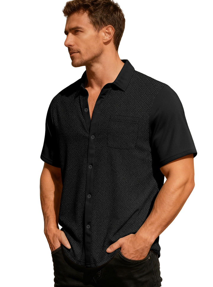 Herren nan legeres Kurzarmhemd mit Jacquardstruktur, kontrastierter Knopfleiste und Brusttasche Drune
