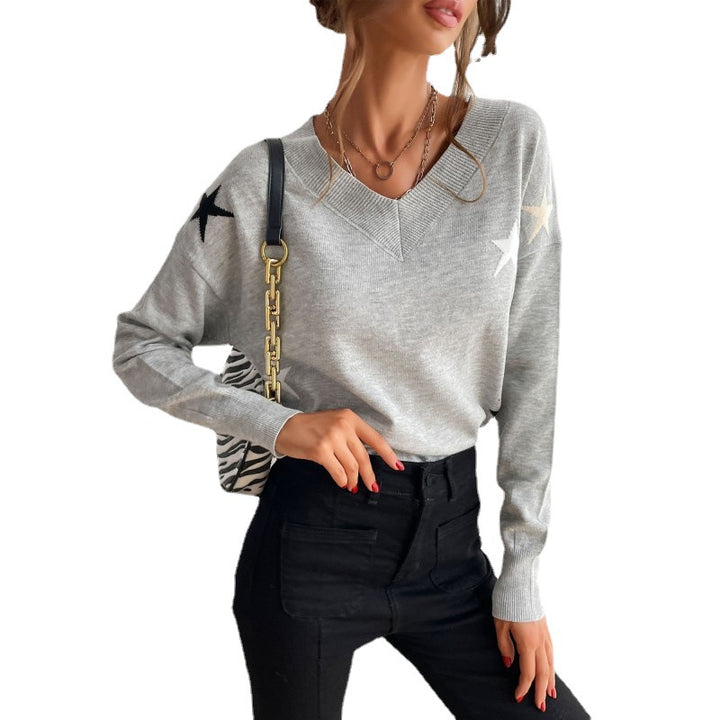 Damen Feiner V‑Ausschnitt Strickpullover mit Stern‑Intarsien und überschnittener Schulter Drune