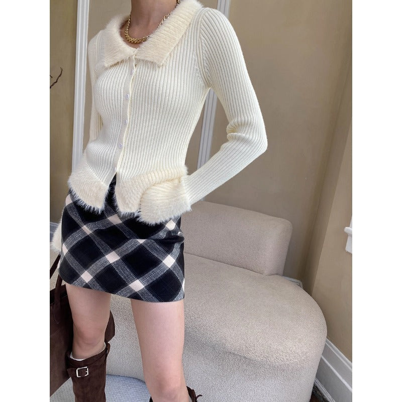 Damen gestrickte Cardigan mit seitlichen Taschen und weichem Kragen Drune