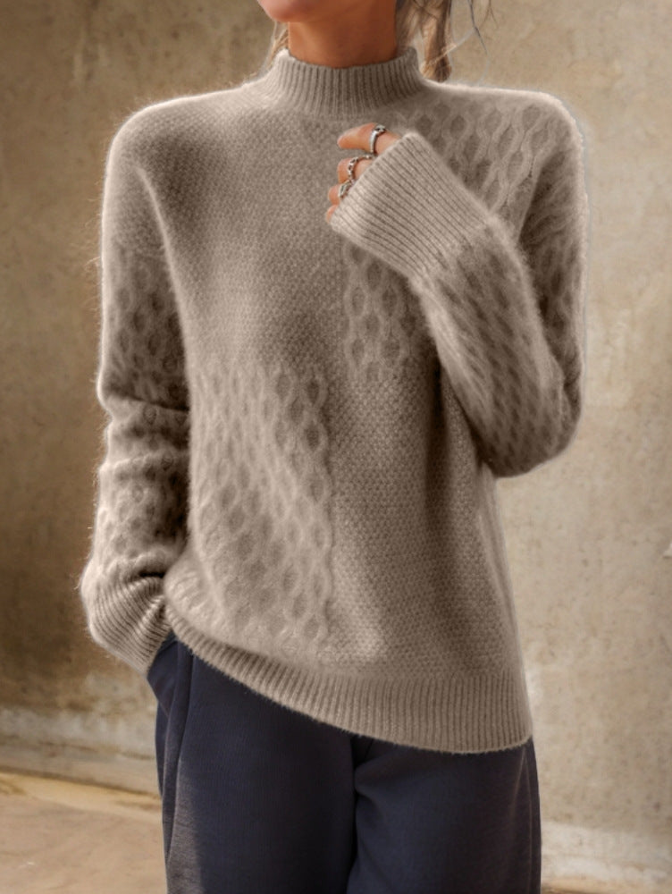 Damen nan lässiger Mohair-Mix Feinstrickpullover mit Strukturmix, Stehkragen und überschnittenen Schultern Drune