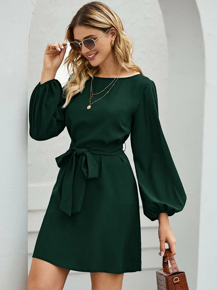 Damen nan elegantes Etuikleid mit Ballonärmeln und Taillengürtel Drune