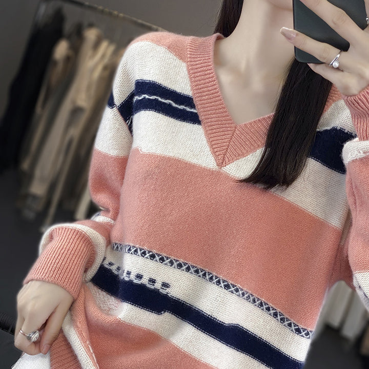 Damen Oversize-Strickpullover mit V‑Ausschnitt und grafischem Streifenmix Drune