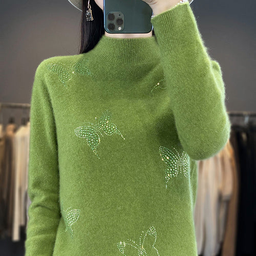 Damen Stehkragen-Feinstrickpullover mit Strass-Schmetterlingsapplikation Drune