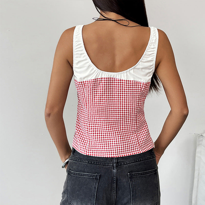 Damen modisches Top mit kariertem Muster und raffiniertem Bindeband Drune