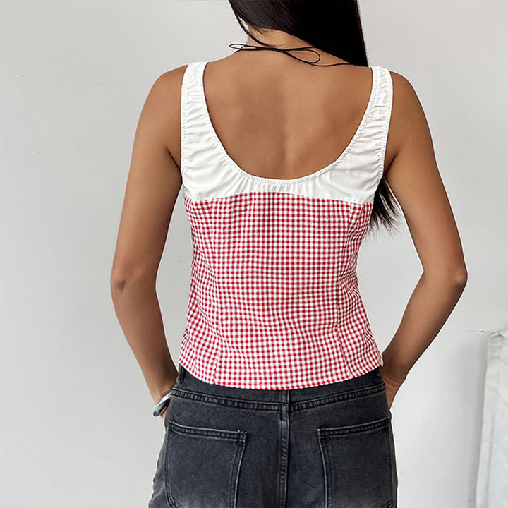 Damen modisches Top mit kariertem Muster und raffiniertem Bindeband Drune