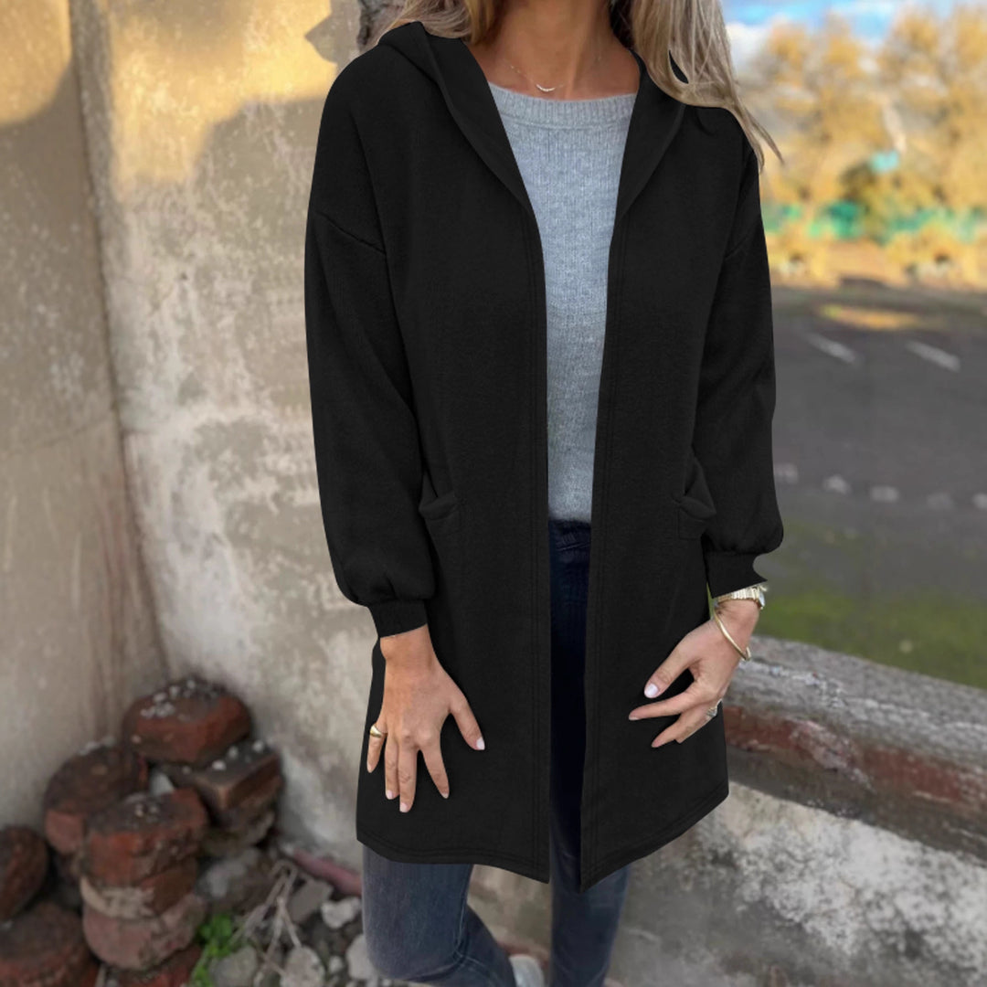Damen Langer Kapuzen-Cardigan mit Eingrifftaschen und gerippten Bündchen Drune