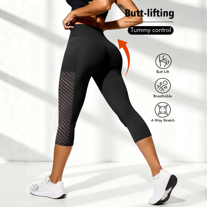 Damen Formende dreiviertel-Sportleggings mit hohem Bund, seitlichem Mesh-Einsatz und Handytasche Drune