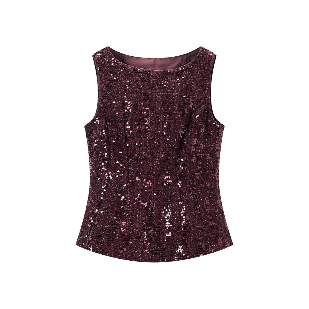 Damen Pailletten-Peplum-Top mit Rundhals und figurformender Taille Drune
