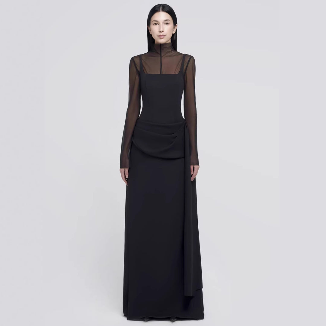 Damen Elegantes Maxikleid mit transparenten Ärmeln und drapiertem Rock Drune