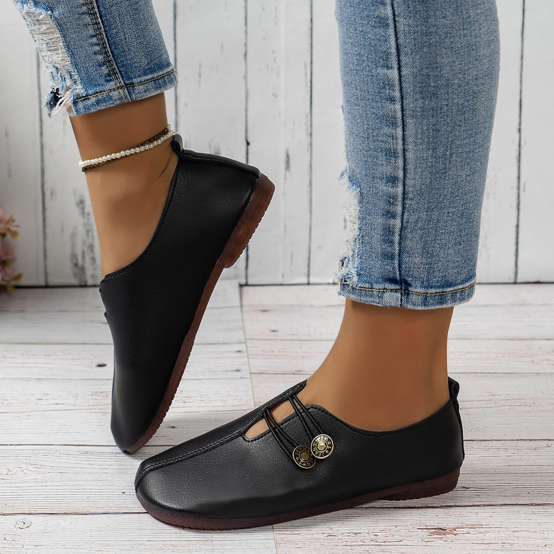 Damen nan weiche Lederoptik Slipper mit elastischer Schnürung und ergonomischer Komfortsohle Drune