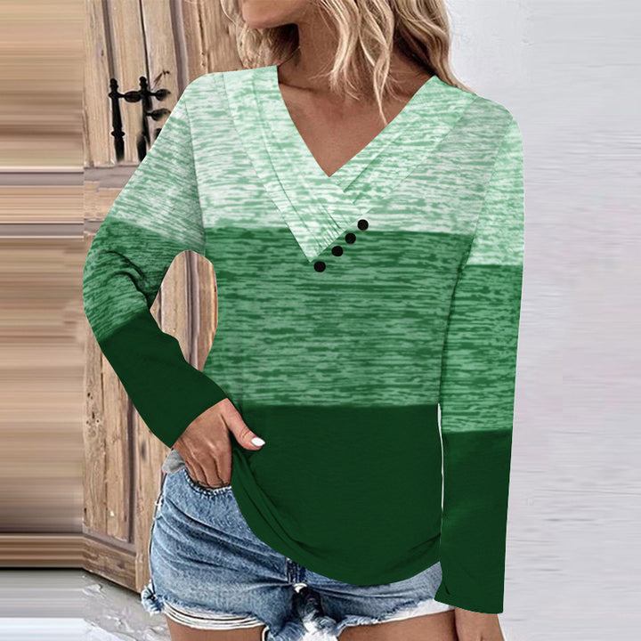 Damen Gerippter V-Ausschnitt Pullover mit Farbverlauf, Zierknöpfen und legerer Passform Drune