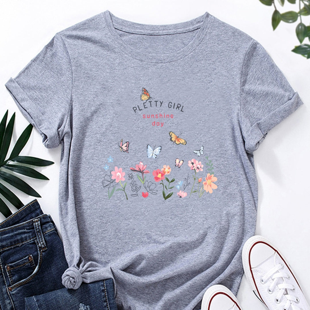 Damen T-Shirt mit verspieltem Blumendruck und elegantem Aufdruck Drune
