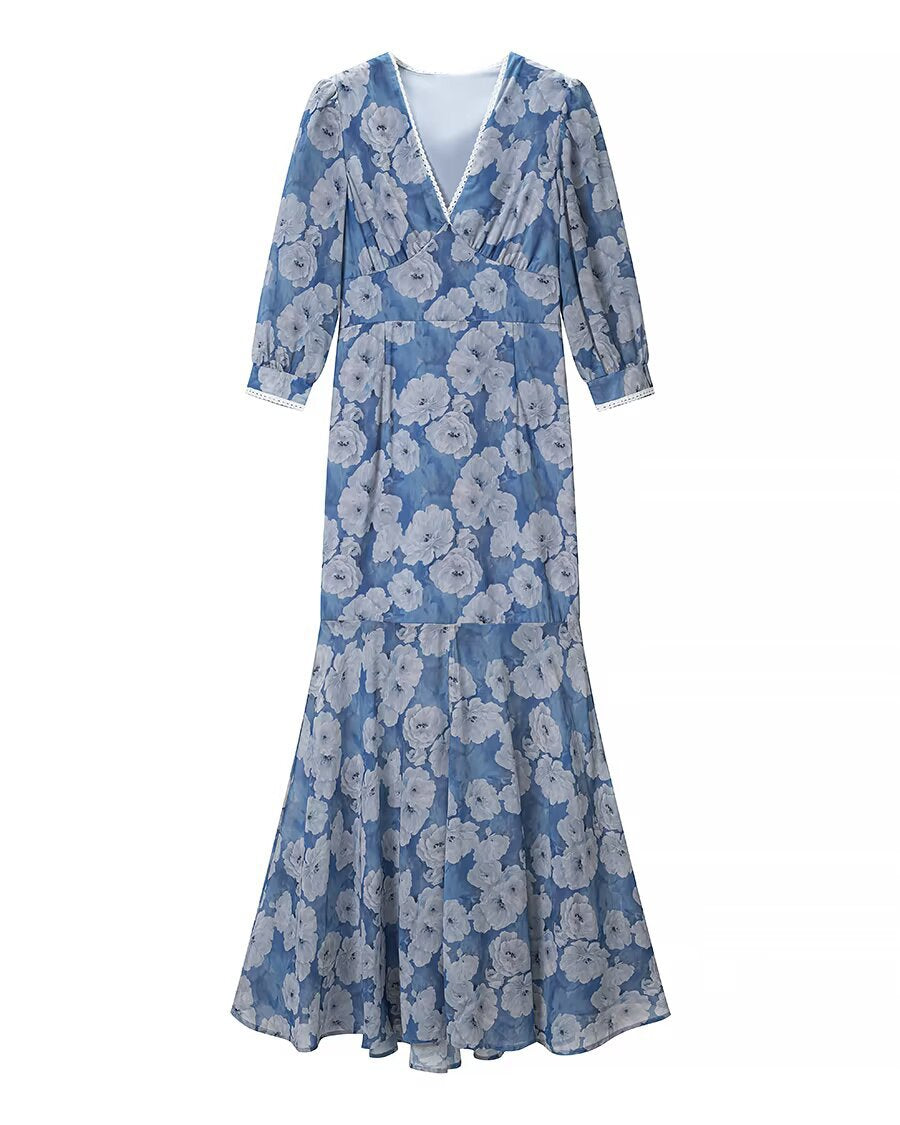 Damen Maxikleid mit V‑Ausschnitt, Empire‑Schnitt und floraler Chiffonoptik Drune