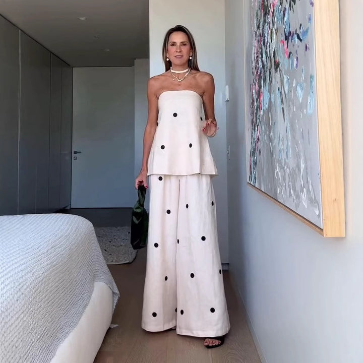 Damen nan zweiteiliges Bandeau-Ensemble mit verlängertem Top und bodenlanger Marlenehose Drune