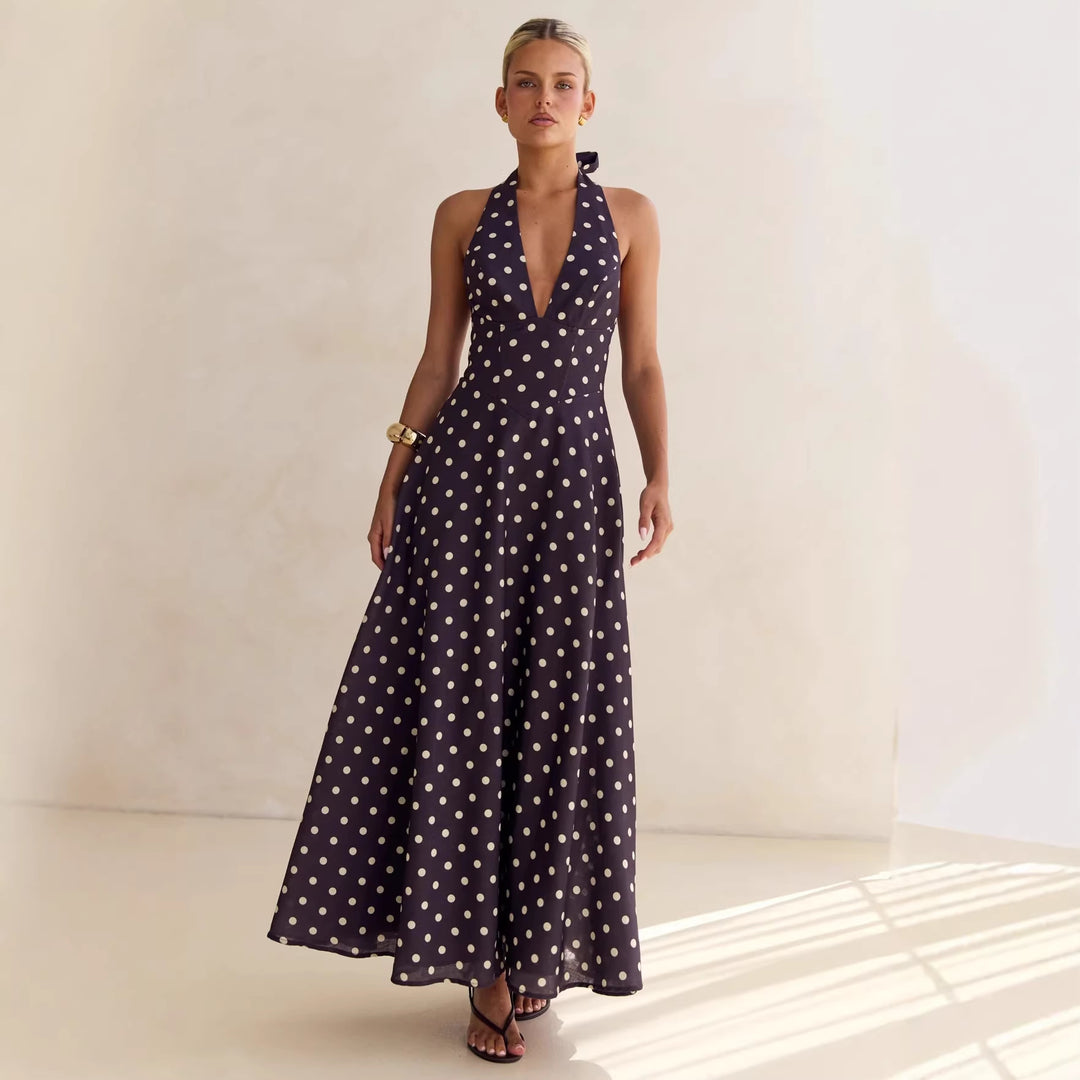 Damen Maxikleid mit tiefem V-Ausschnitt und floralen Akzenten Drune