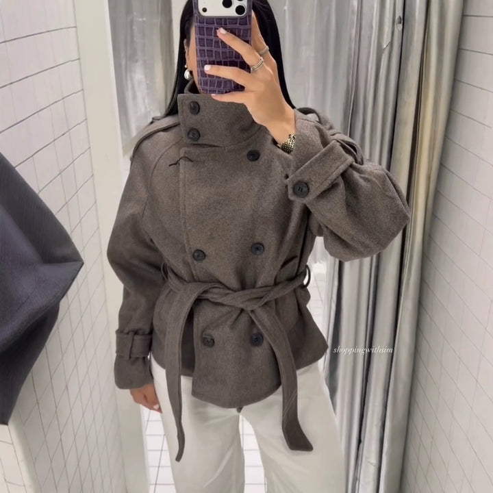 Damen Kurzblouson‑Trenchcoat aus Wollmix mit hohem Stehkragen und Bindegürtel Drune