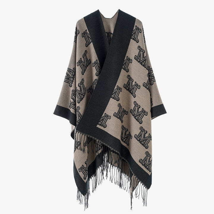 Damen Jacquard-Cape mit Monogramm‑Muster, offenem V‑Ausschnitt und Fransensaum Drune