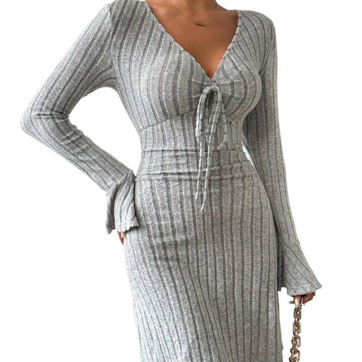 Damen geripptes Strick-Midikleid mit tiefem V-Ausschnitt Bindeband und taillierter Silhouette Drune