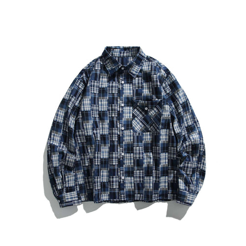 Unisex Patchwork-Karo-Hemdjacke im Oversize-Boxy-Schnitt mit Brusttasche und Kentkragen Drune