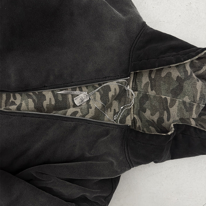 Herren nan kurz geschnittene Camouflage Kapuzenjacke im Bomberstil mit Teddyfutter und Zweiwege-Reißverschluss Drune