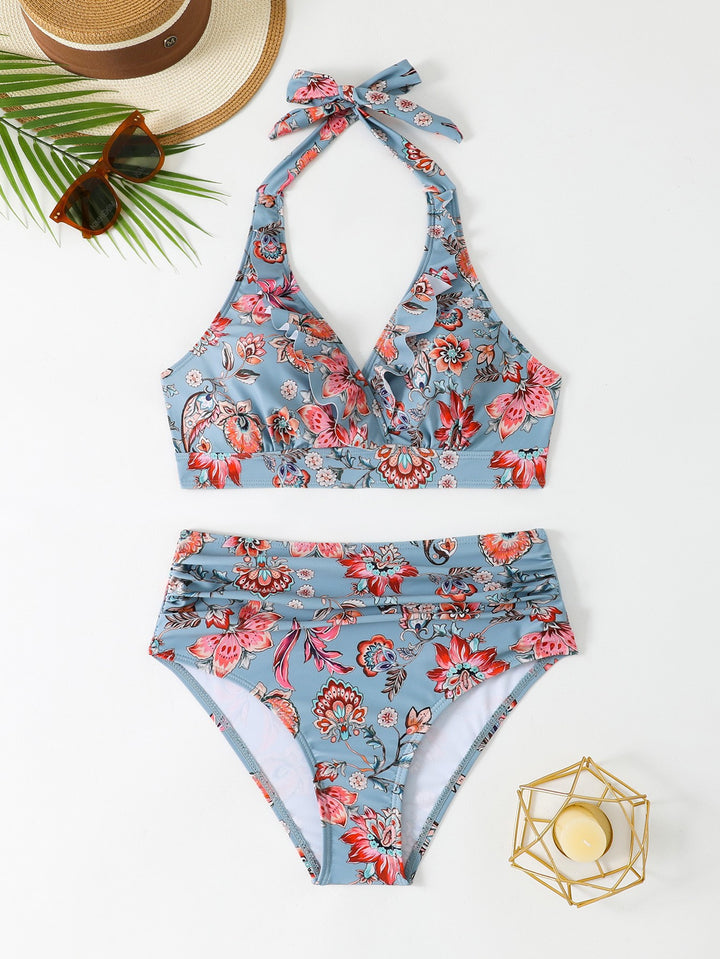 Damen Elegantes Hochgeschnittenes Bikiniset mit Rüschen Drune