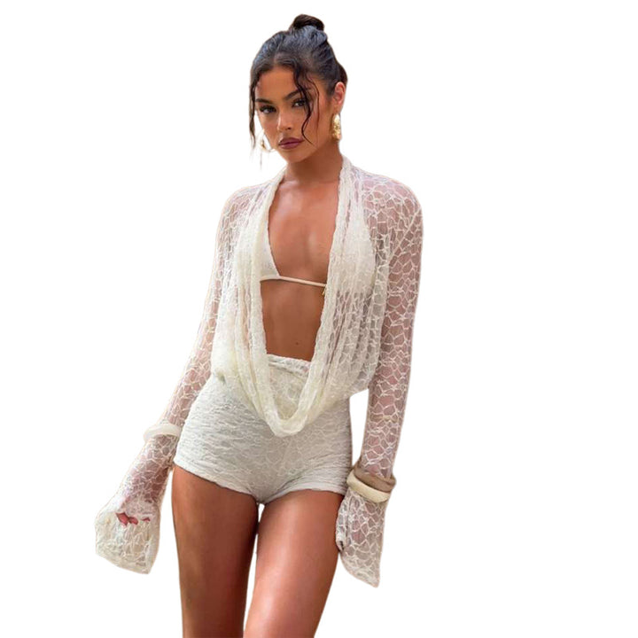 Damen Elegante und luftige Strandbekleidung mit transparenter Spitze Drune