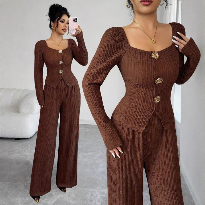 Damen nan tailliertes Blusen- und Hosen-Set aus Crinkle-Plissee mit Puffärmeln und Zierknöpfen Drune