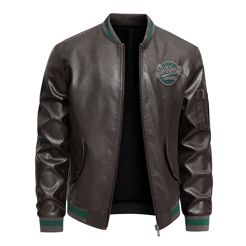 Men's  retro varsity leather-effect bomber jacket with embroidered chest badge and zip sleeve pocket Drune