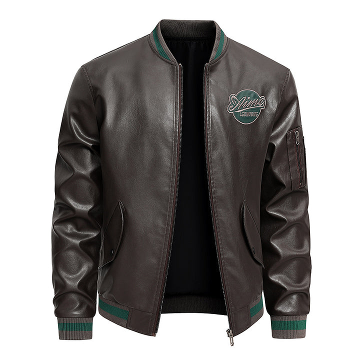 Men's  retro varsity leather-effect bomber jacket with embroidered chest badge and zip sleeve pocket Drune