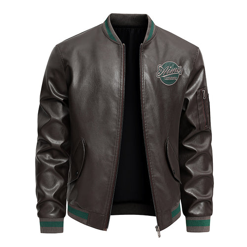 Men's  retro varsity leather-effect bomber jacket with embroidered chest badge and zip sleeve pocket Drune