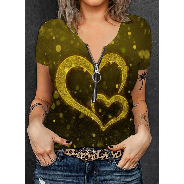 Damen Stylisches T-Shirt mit goldfarbenem Herz-Design und Reißverschluss Drune
