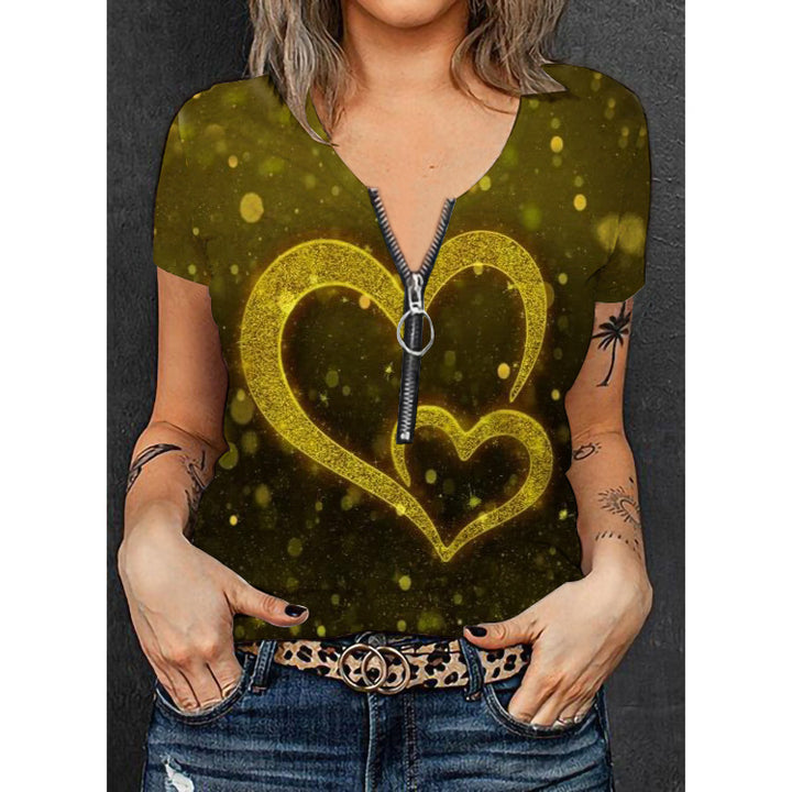 Damen Stylisches T-Shirt mit goldfarbenem Herz-Design und Reißverschluss Drune