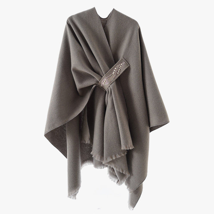 Damen Eleganter Wickel-Umhang aus Wollmischung mit Taillenschärpe und Fransensaum Drune