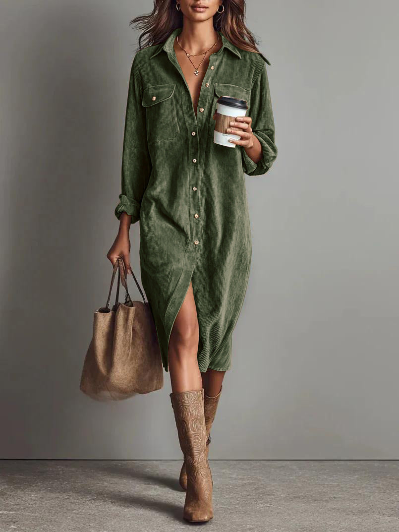 Damen Hemdblusenkleid aus Cord mit Brusttaschen, Knopfleiste und Schlitze Drune