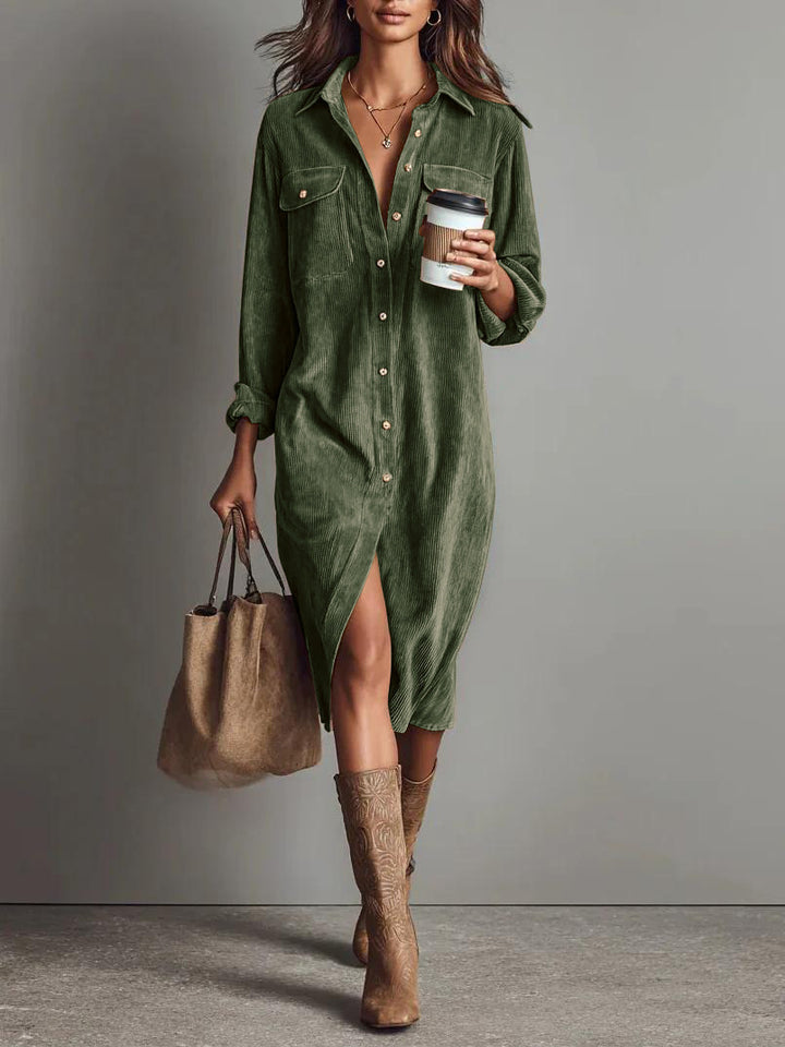 Damen Hemdblusenkleid aus Cord mit Brusttaschen, Knopfleiste und Schlitze Drune