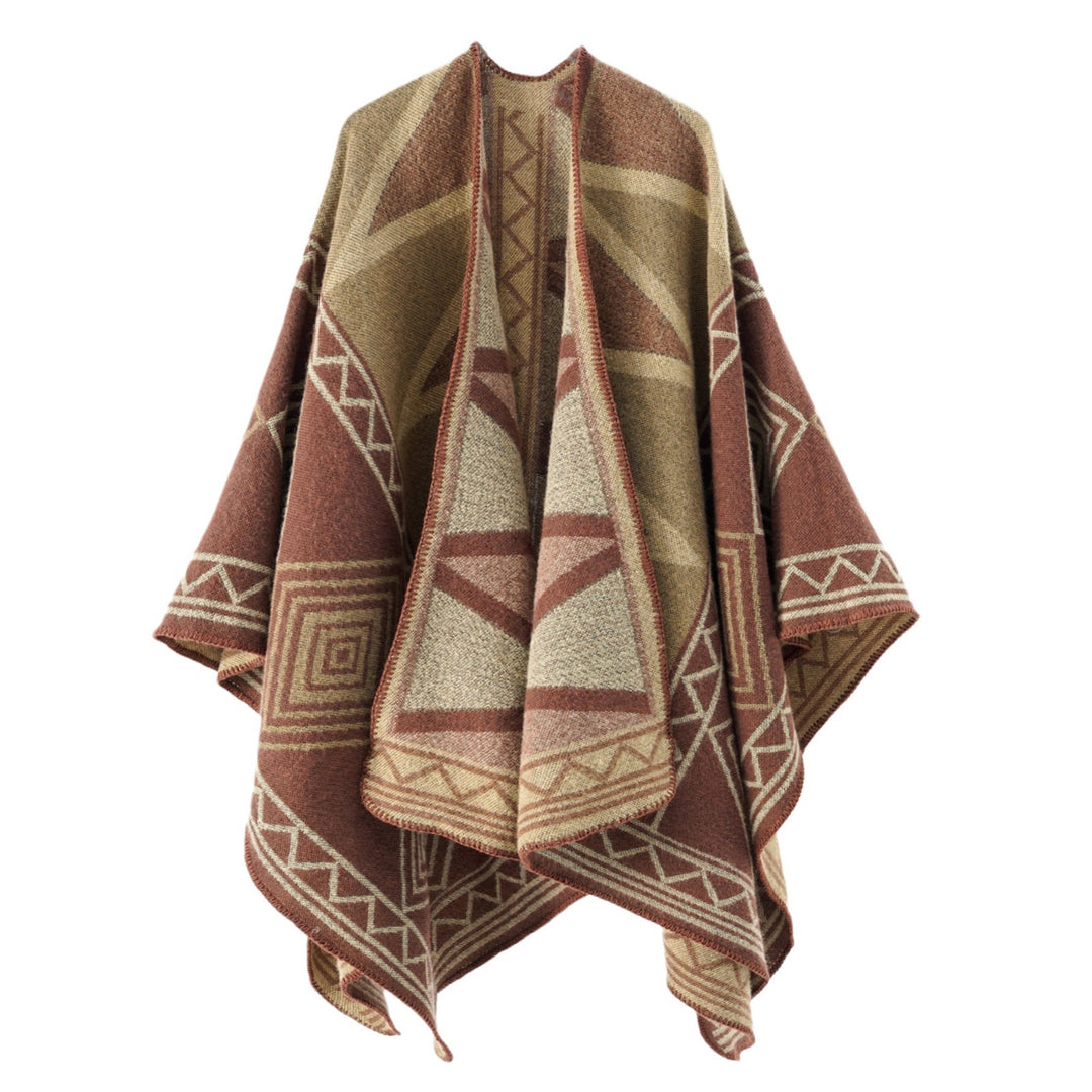 Damen Geometrischer Wollmix-Überwurfponcho mit Kettelkante Drune