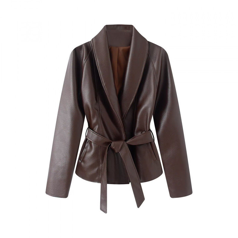 Damen Taillierte Kunstlederjacke mit Schalkragen und Bindegürtel Drune