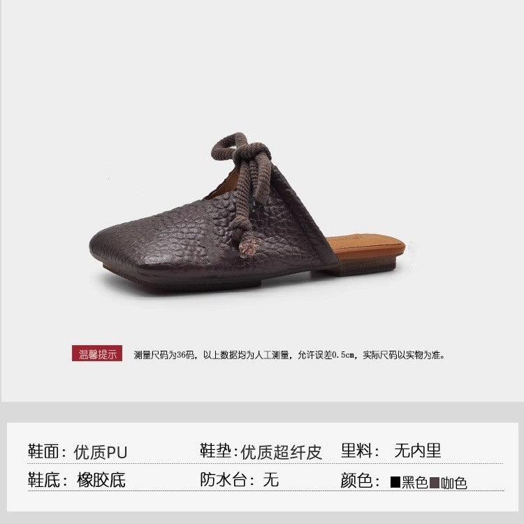 Damen Quadratische Leder-Mules mit geknoteter Seilschleife und genarbter Oberfläche Drune