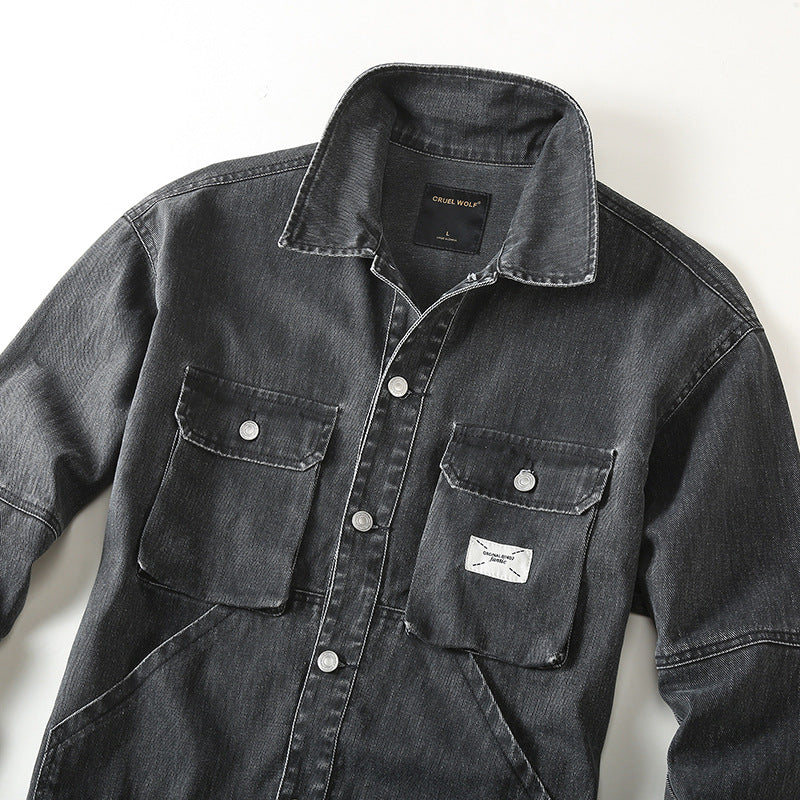 Herren Utility-Denimjacke mit Oversized-Brusttaschen und durchgehender Knopfleiste Drune