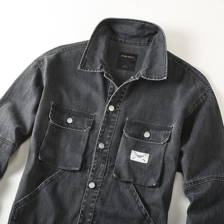 Herren Utility-Denimjacke mit Oversized-Brusttaschen und durchgehender Knopfleiste Drune