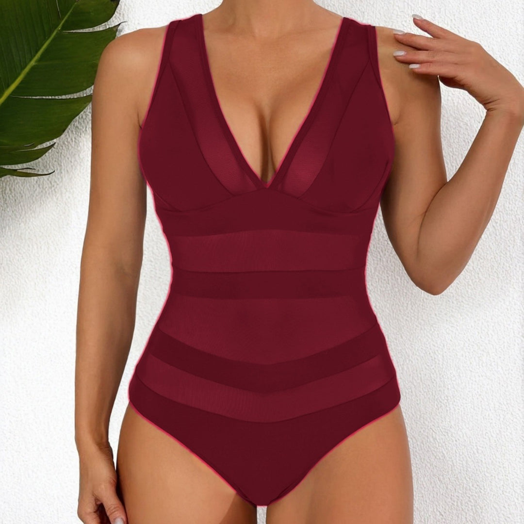 Damen Designer Badeanzug mit tiefem V-Ausschnitt und raffinierten Mesh-Einsätzen Drune