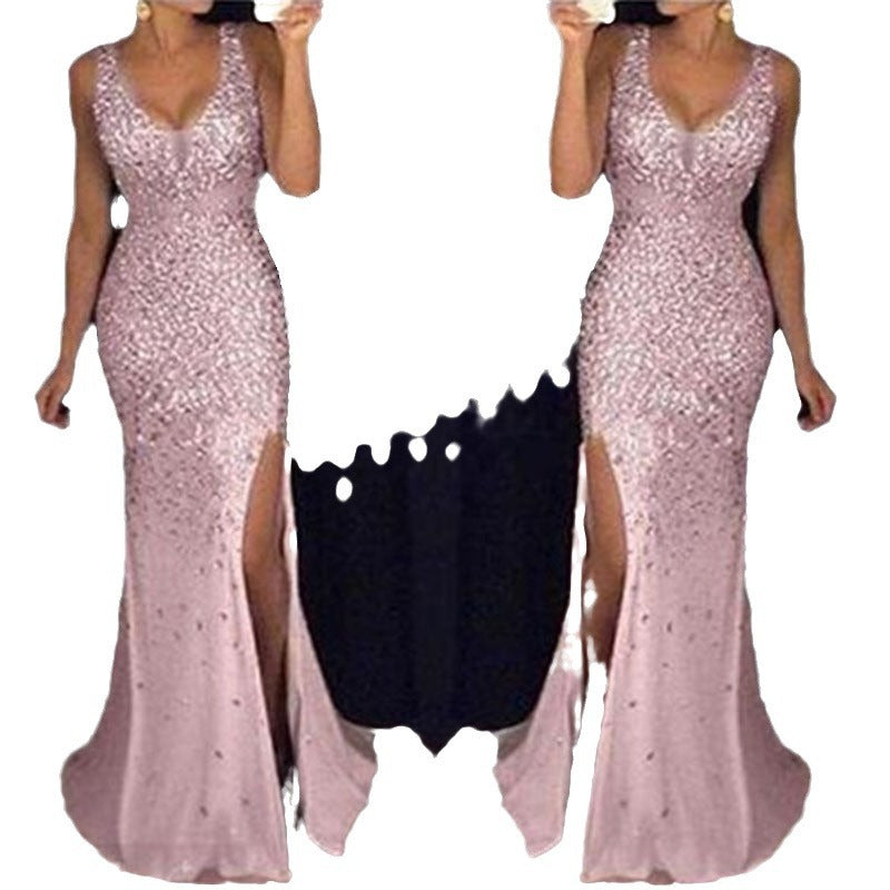 Damen Funkelndes Abendkleid mit tiefem V-Ausschnitt und seitlichem Schlitz Drune