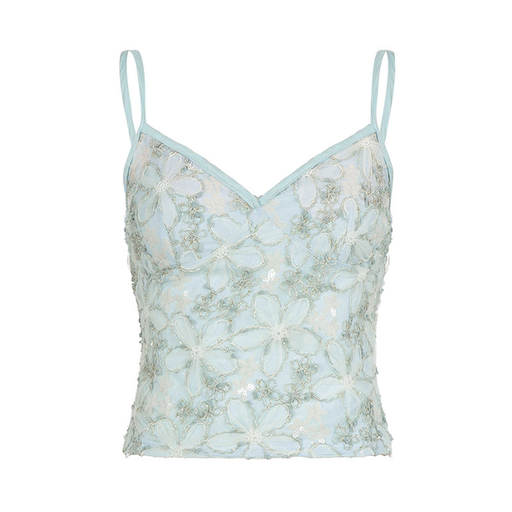 Damen Spaghettiträgertop mit floralen Stickereien und Lurex-Akzenten Drune