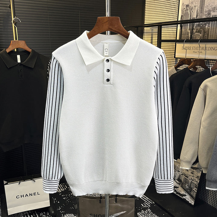 Herren Strick-Poloshirt mit kontrastgestreiften Ärmeln und feiner Struktur Drune