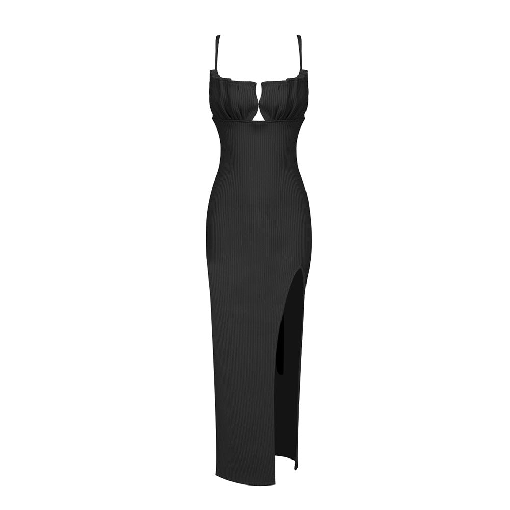 Damen figurbetontes Maxi-Kleid mit raffiniertem Schlitz und gepolsterten Trägern Drune