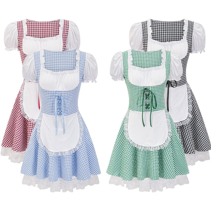 Damen nan kurztailliertes Trachtenkleid mit Karo-Corsage, geraffter Brust und Spitzen-Schürze Drune