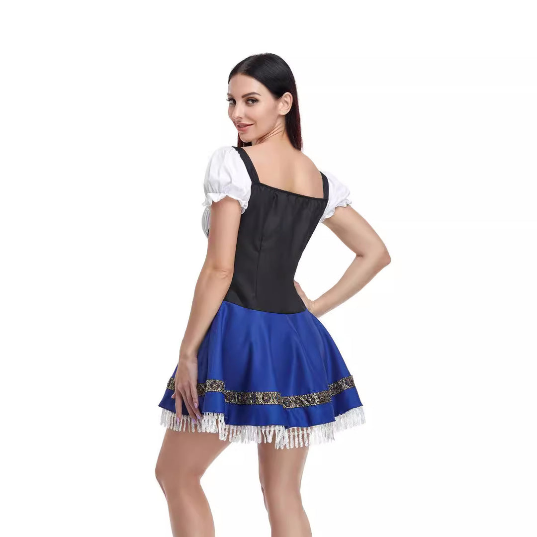 Damen  traditionelles Dirndlkleid mit Spitzenärmeln Miederkorsage und geraffter Schürze Drune